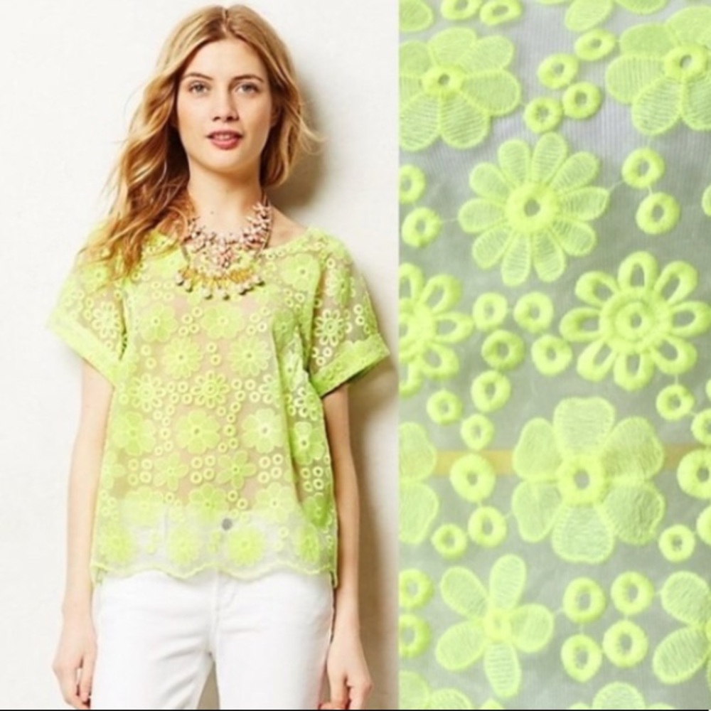 ANTHROPOLOGIE Lime Sheer Embroidered Floral Top - Picture 1 of 8